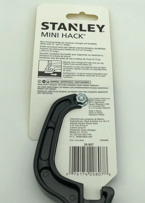 Light Duty 10 Inch Mini Hacksaw With One Handed Grip And Thumb Rest Ergonomic Handle package with barcode visible.