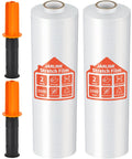 Badass Heavy Duty Stretch Film And Shrink Wrap Roll For Pallet Wrapping 80 Gauge Workhorse Strength Packing Material with two rolls and dispensers.