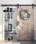 6.8 Foot Sliding Barn Door Hardware Kit With 6.8 Foot Track Kit, Pull Handle Set And Floor Guide For 36 To 40 Inch Doors J Shape Smooth Quiet Operation Easy To Install Black Powder Coated Durable Alloy installed on wooden door