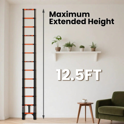 Telescoping Aluminum Ladder 12.5 Feet, Heavy Duty Extension Ladder With 330 Lb Capacity, standing upright indoors