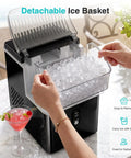 User removing the detachable ice basket filled with snap bubble ice from the Countertop Nugget Ice Maker Cranks Out 35 Pounds Of Snap Bubble Ice Daily Compact Kitchen Workhorse With Rapid Chill Cycle Easy Wash Interior And Game Changing Texture For Cocktails Weekends And Backyard Gatherings.