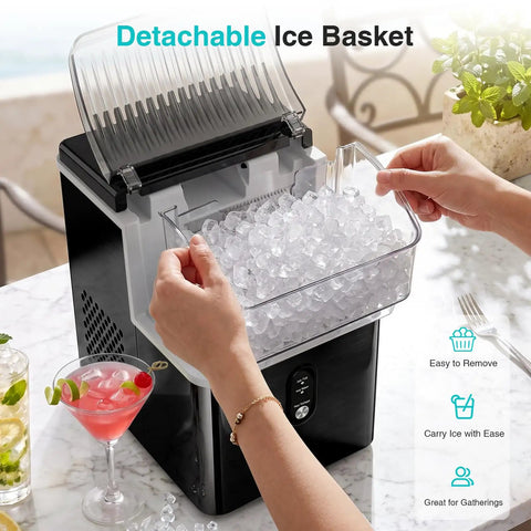User removing the detachable ice basket filled with snap bubble ice from the Countertop Nugget Ice Maker Cranks Out 35 Pounds Of Snap Bubble Ice Daily Compact Kitchen Workhorse With Rapid Chill Cycle Easy Wash Interior And Game Changing Texture For Cocktails Weekends And Backyard Gatherings.