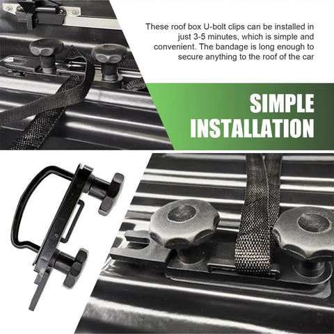 Rooftop Cargo Carrier Mounting Clip Kit With U Bolt Clamp Back Plate Quick Release Strap Protective Pad And Lock Nut For Cars And Vans Outdoor Roof Rack Accessory Black installed on vehicle