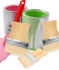 Three-piece flat tip paint brush set with wood handles near two paint cans, designed for furniture, deck, and wall projects.