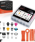 Top Drawer 210 Piece Retainer Clip Kit For Kia Soul 2014 Through 2019 showing various fasteners and removal tools in a storage case.