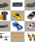 Components of Slot Car Race Track Set With 4 High Speed Cars And 2 Hand Controllers, Battery Or Electric Powered Track Toy For Kids.