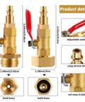 Winterize Blowout Adapter With 1/4 Inch Quick Connect To 3/4 Inch GHT Thread Ball Valve, brass construction, multiple views