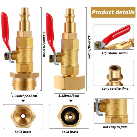 Winterize Blowout Adapter With 1/4 Inch Quick Connect To 3/4 Inch GHT Thread Ball Valve, brass construction, multiple views
