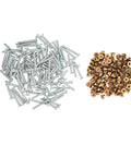 100Pcs Stainless Steel 3 16 Inch Medium Flange Collar Rivet Kit For Peterbilt 379 Huck Bolt Systems Direct Replacement For OEM MGP98T R6 10G MGCS R6U Beefy Heavy Duty Truck Upgrade showing scattered rivet pieces on white background.
