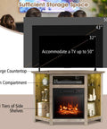 Corner Electric Fireplace TV Stand With Heater And LED Lights, Easy App Control, Adjustable Shelves, Cozy Media Console For 50 Inch Televisions, Gray Finish, Space Saving Entertainment Center shown with storage options.
