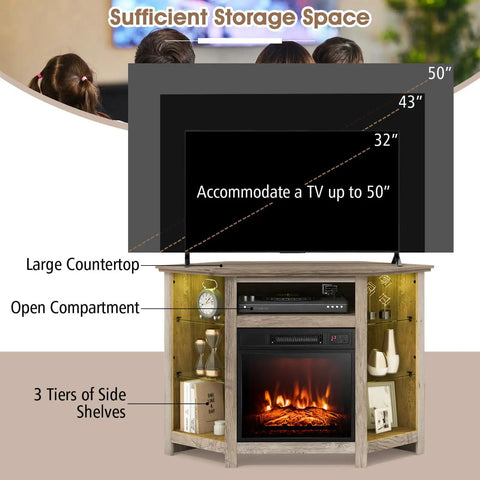 Corner Electric Fireplace TV Stand With Heater And LED Lights, Easy App Control, Adjustable Shelves, Cozy Media Console For 50 Inch Televisions, Gray Finish, Space Saving Entertainment Center shown with storage options.