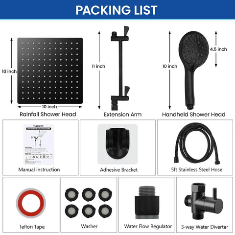 High Pressure Rainfall Shower Head And Handheld Shower Combo With 11 Inch Extension Arm 9 Settings Anti Leak Head Packing List