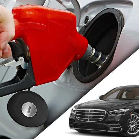 Locking Gas Cap for Ford F-150 Explorer Escape Fusion Focus Edge Mustang Taurus Expedition Lincoln MKS MKT MKX MKZ Navigator Mercury Milan PN 8U5Z-9C268-B Fuel Tank Cap in use with a red fuel nozzle.