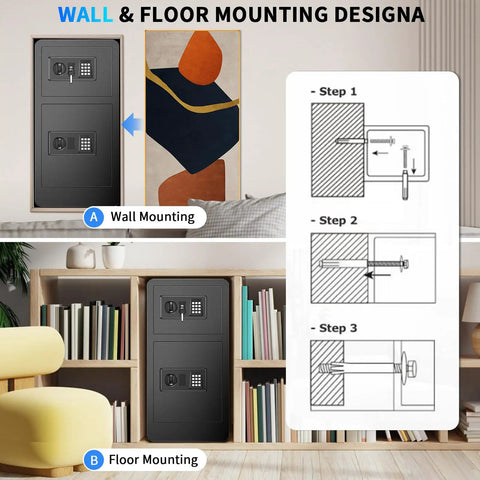 Steps for wall and floor mounting the 7.5 Cuft Large Fireproof Home Safe With Digital Keypad And Two Doors Hidden Compartment.