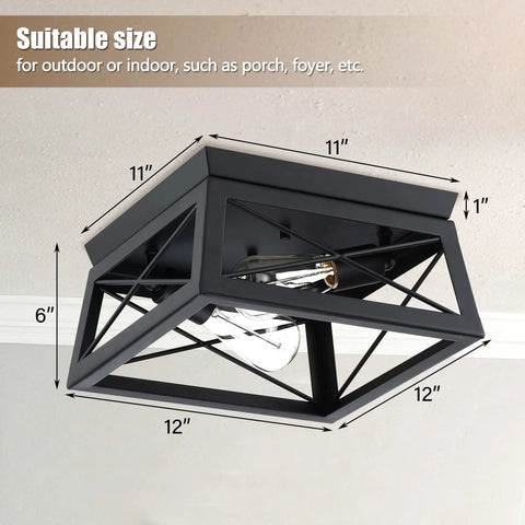 Industrial Square Flush Mount Ceiling Light For Porch Kitchen Hallway And Entry Modern Black Rustic 2 Light Fixture Built To Last