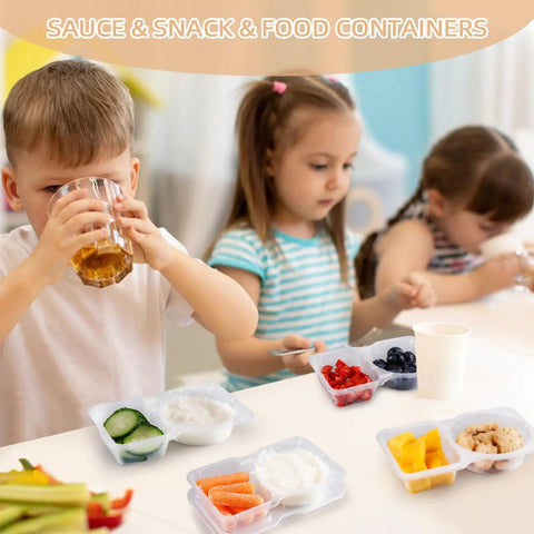 Children using two compartment snack containers with lids for meal prep and on the go storage double snack boxes for travel or camping.