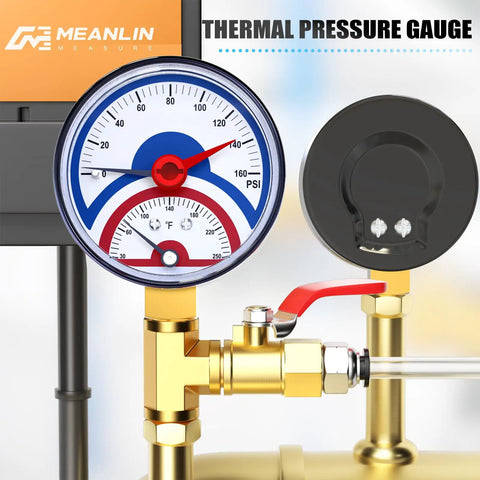 Thermal Pressure Gauge 0-160 Psi With 30-250 F Range, 1/4 NPT Lower Mount, 2.5 Inch Dial, Brass Connection for Air and Liquid
