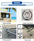 15 Foot White Food Trailer Fully Equipped No Sweat Turnkey Mobile Kitchen With Stainless Prep Area Plug And Play Beverage Station showing sales window, power connector, towing system, and truck jack.