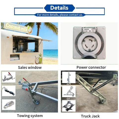 15 Foot White Food Trailer Fully Equipped No Sweat Turnkey Mobile Kitchen With Stainless Prep Area Plug And Play Beverage Station showing sales window, power connector, towing system, and truck jack.