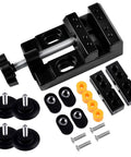 Knockout Mini Bench Clamp With Hella Grippy Superior Aluminum Alloy Vise And Full Accessory Pack showing vise and mounting pieces.