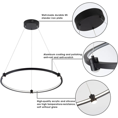 Dope Sleek Black Circular Ring LED Pendant Light Dimmable Ceiling Fixture 23.6 Inch Hanging with construction details