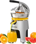 Eurolux 300W Industrial Strength Stainless Steel Electric Citrus Juicer Squeezer With Dual Pulp Filters For Fresh Orange Lemon Grapefruit, with juice pouring into a glass.