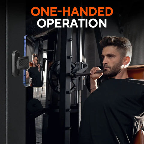 Man using Magnetic Gym Phone Holder With 360 Degree Adjustable Base For Secure Mount On Metal Gym Equipment Universal Magnetic Phone Mount For Workout Recording And Hands Free Viewing On Any Smartphone for workout filming