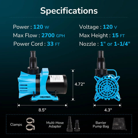 Specifications of 2700GPH Submersible Pond Pump For Ponds, Fountains, Waterfalls And Hydroponics, 120W, 33Ft Power Cord, 15Ft Lift