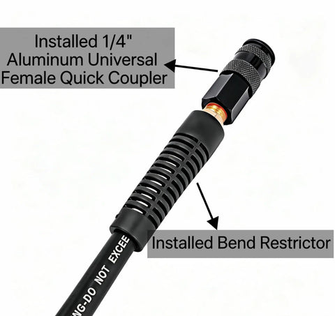 Close-up of Built Tough Kink Free Air Hose 1/4 Inch By 50 Feet 300 Psi showing aluminum quick coupler and bend restrictor.