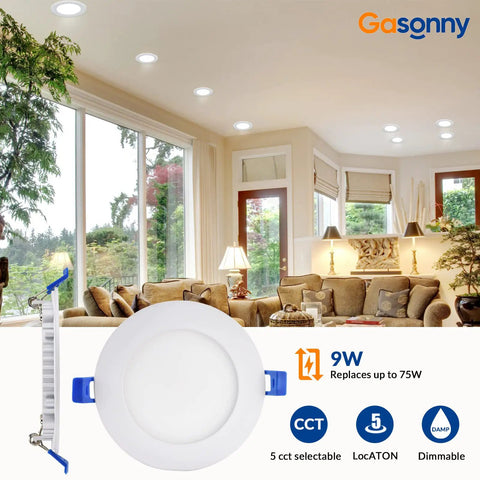 Living room with Six Pack 4 Inch Ultra Thin LED Recessed Ceiling Lights With Junction Box 2700K To 5000K CCT Selectable 9W