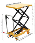 HIFMGHE hydraulic lift table cart with yellow top, black scissor frame, four locking wheels.
