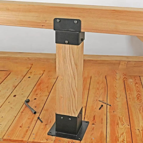 Installed Beefy Heavy Duty Metal Post Brackets For Outdoor Use Weatherproof Fit For Pergolas Balconies And Deck Railings on wood post