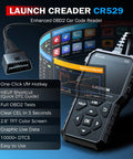 CR529 OBD2 Scanner For Cars After 1996 Full OBD2 Diagnostics With Read And Erase Codes Live Data IM Readiness One Click Smog Check Freeze Frame Engine Light Diagnostics Free Lifetime Updates DIY Car Repair Tool displaying features and data stream
