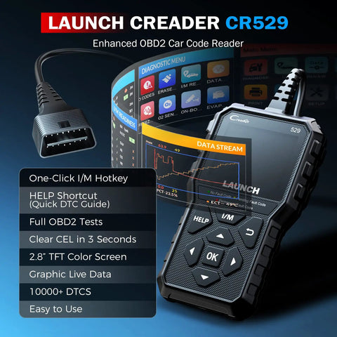 CR529 OBD2 Scanner For Cars After 1996 Full OBD2 Diagnostics With Read And Erase Codes Live Data IM Readiness One Click Smog Check Freeze Frame Engine Light Diagnostics Free Lifetime Updates DIY Car Repair Tool displaying features and data stream