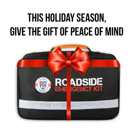 125 Piece Roadside Emergency Kit For Cars With Headlamp First Aid Tools And Visibility Gear All In One Grab And Go Ultimate Car Safety Pack Ready For Breakdowns Perfect Gift For New Drivers And Roadside Assistance. Holiday season gift idea with red ribbon.