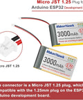 Beefy 3.7V 3000mAh LiPo Battery 1S With Protection Board Micro JST 1.25 Plug For Arduino ESP32 Development Board Two Pack