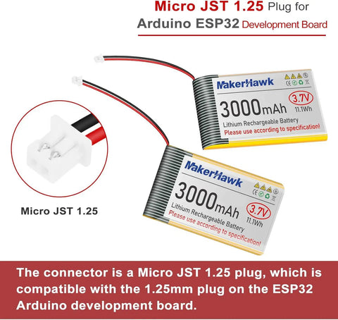 Beefy 3.7V 3000mAh LiPo Battery 1S With Protection Board Micro JST 1.25 Plug For Arduino ESP32 Development Board Two Pack