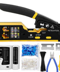 Pass Through RJ45 Crimp Tool Kit With Cable Tester For Cat6 Cat6a Cat5e Cat5 Ethernet Connectors includes crimp tool, testers