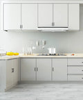 Kitchen with Matte Black Cabinet Pulls Square Drawer Handles with 3-3/4 Inch Hole Centers 96 mm on white cabinets