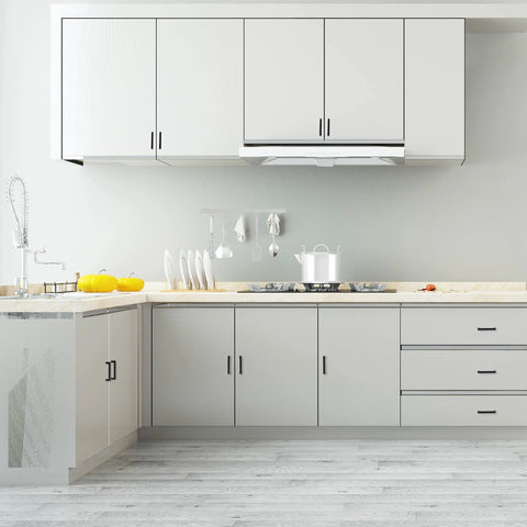 Kitchen with Matte Black Cabinet Pulls Square Drawer Handles with 3-3/4 Inch Hole Centers 96 mm on white cabinets