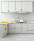 Kitchen showing Matte Black Stainless Steel Cabinet Pulls 5 Inch Hole Centers 128mm Square Drawer Handles 10 Pack 140mm Total Length 12mm Width 35mm Height Perfect Kitchen Cupboard And Door Cabinet Hardware installed on white cabinets.