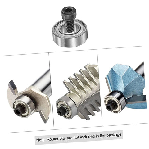 One Set Top Mounted Router Bit Bearing Replacement Kit With Ball Bearing Guides For Router Bits showing bearings on tools