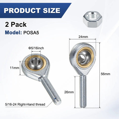 2-Pack Rod End Bearing 5/16 Bore 5/16-24 Right Thread Self-Lubricating Male Thread Steel Joint With Jam Nuts For Forging Machines CNC Equipment Auto Steering Linkages And Heavy Duty Industrial Applications, 2-pack