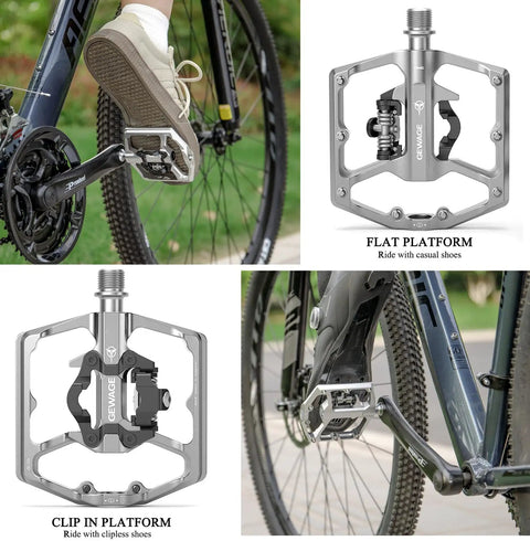 Dual Function Bicycle Pedals With Flat And Clipless Sides Nine Sixteenth Inch Platform Pedals SPD Compatible for Mountain Road BMX Bikes