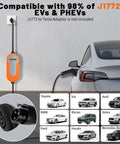 Road Ready Portable Ev Charger Level 1 And 2 With 20 Foot Cord 16 Amp J1772 Plug installed on a wall with electric vehicle charging.