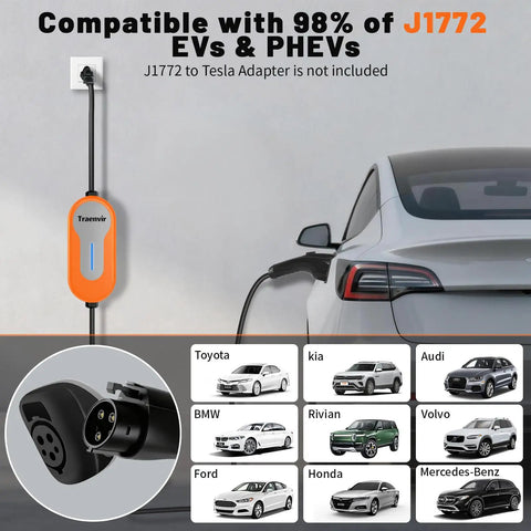 Road Ready Portable Ev Charger Level 1 And 2 With 20 Foot Cord 16 Amp J1772 Plug installed on a wall with electric vehicle charging.