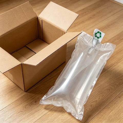 Inflatable Air Pillows for Shipping 200 Pack PE Film Cushion Bags to Prevent Movement and Scratching, Dope Storage Hack for High Volume Fulfillment Centers Packaging Supplies, clear PE bag beside box