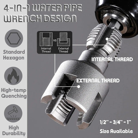 Four In One Water Pipe Threader For One Half, Three Quarters, And One Inch PVC Pipes, dual head cutter attached to drill