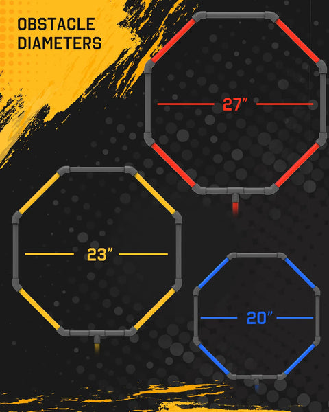 Drone Obstacle Course Kit For RC FPV Racing showing 27, 23, and 20-inch hoop sizes in red, yellow, and blue on black background.