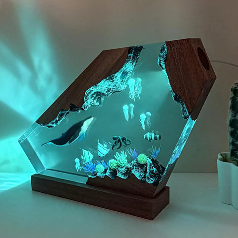 Blue Whale Resin Lamp With Wood Base RGB Ocean Nightstand Light For Coastal Home Office Decor Handcrafted Ocean Gift For Ocean Lovers Scuba Divers Birthday Gift For Mom, featuring illuminated blue whale and coral scene on a wooden base.